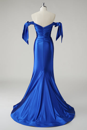 Royal Blue Mermaid Off the Shoulder Pleated Long Prom Dress